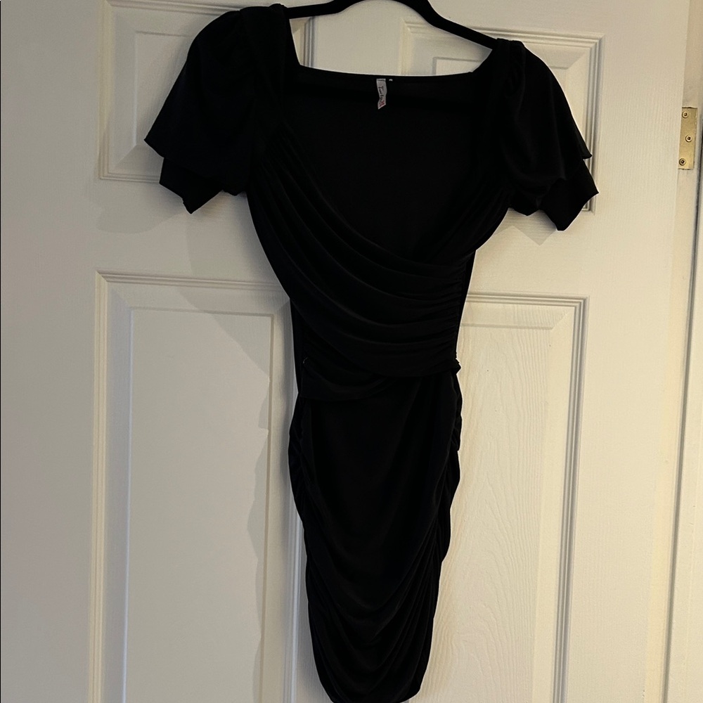 TRUE LIGHT Black Ruched Midi Dress with Flutter Sleeves